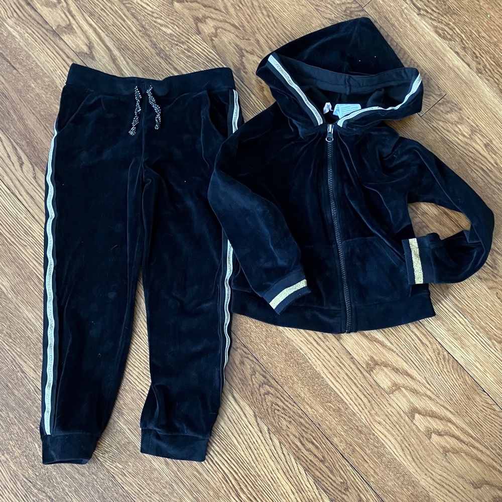 Size 6 Ideology Black Velour Hoodie & Jogger Set with gold Stripe